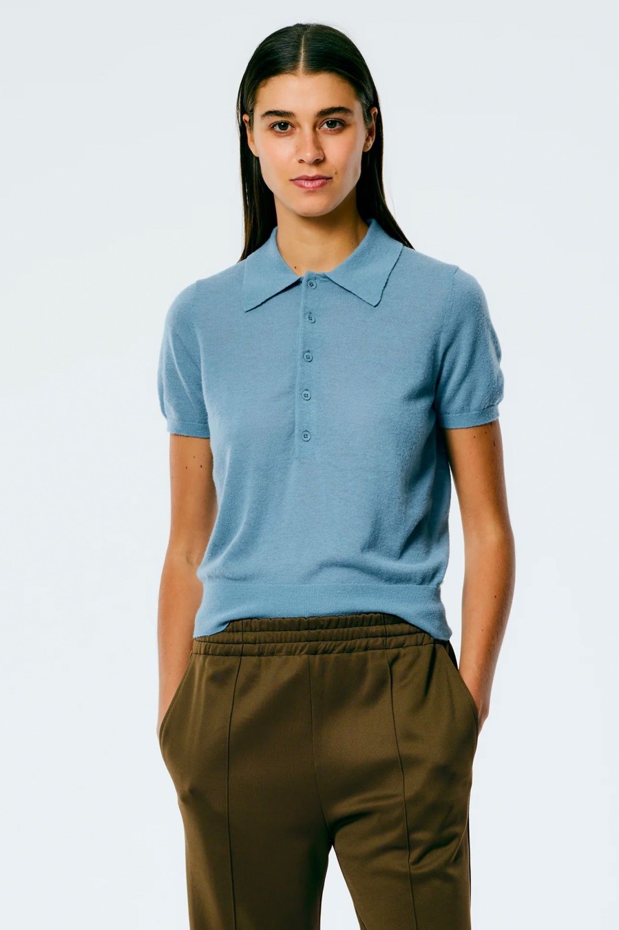 Tops And Shirts Tibi | Skinlike Mercerized Wool Shrunken Polo In Mist Blue