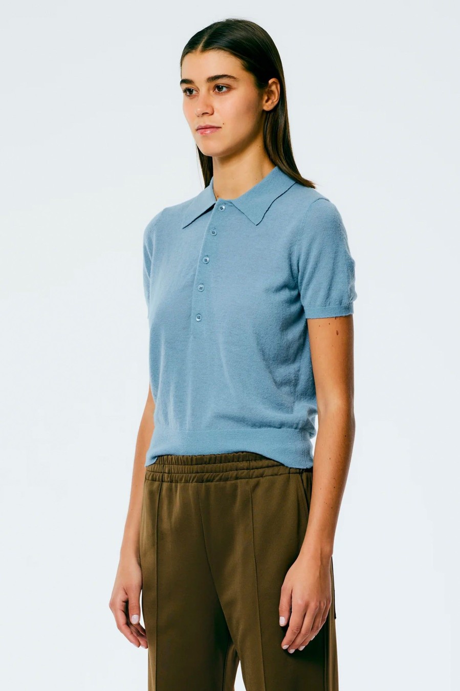 Tops And Shirts Tibi | Skinlike Mercerized Wool Shrunken Polo In Mist Blue