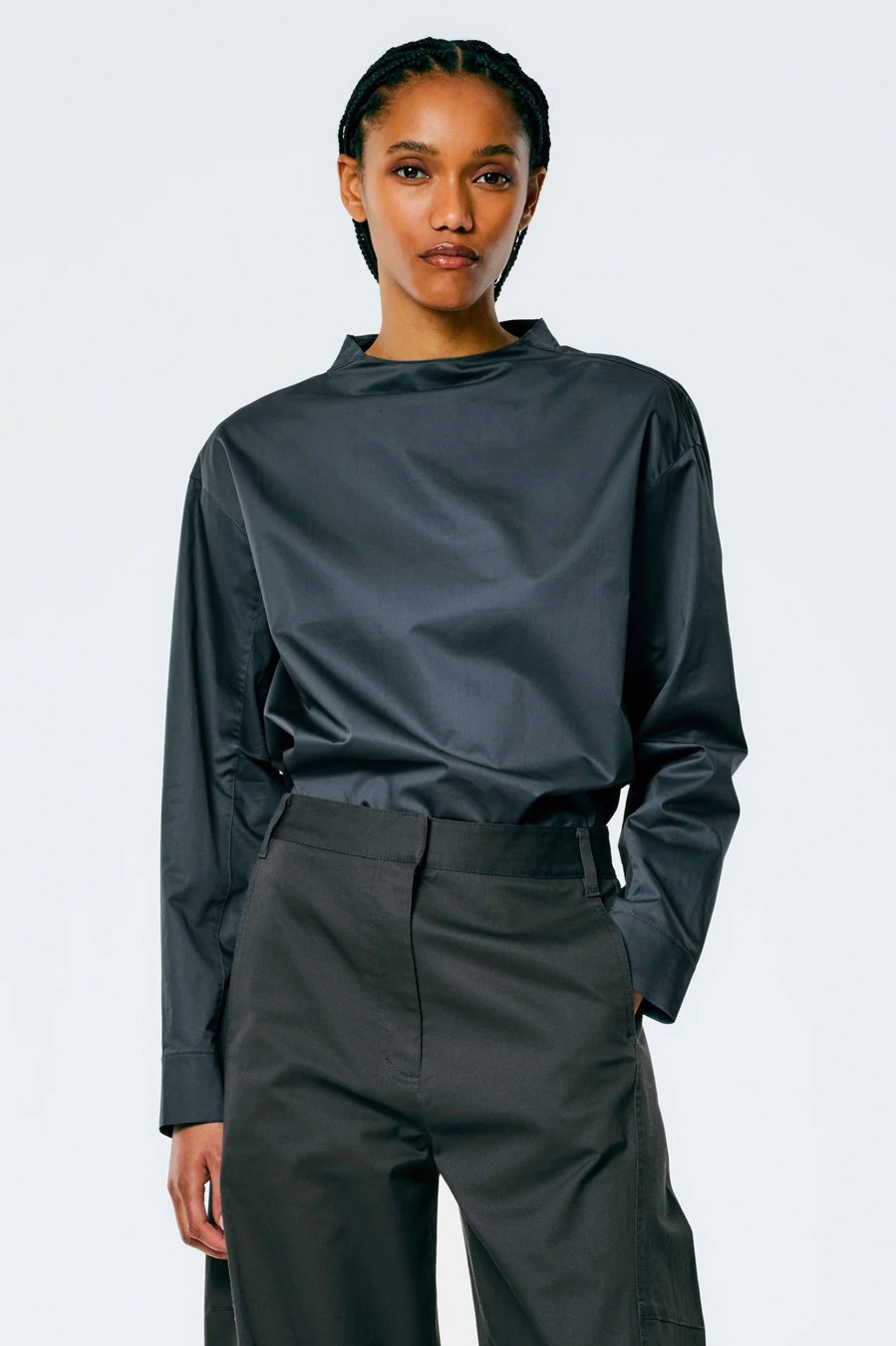 Tops And Shirts Tibi | Eco Poplin Funnel Neck Top In Navy Fog Blue