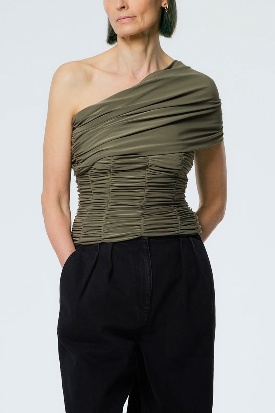 Tops And Shirts Tibi | Drapey Jersey Ruched Strapless Top In Granite Green