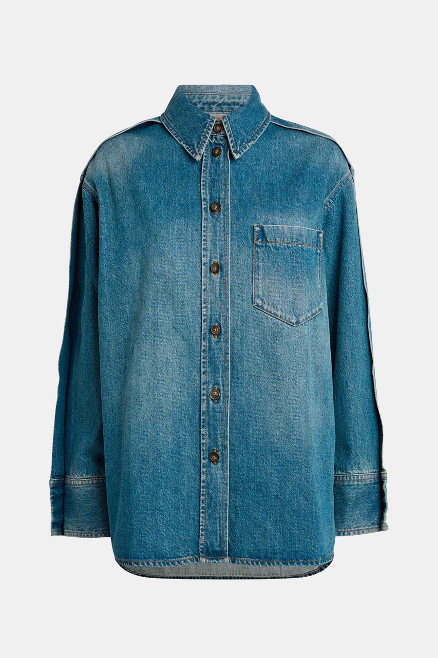 Coats And Jackets Victoria Beckham | Oversized Pleat Detail Shirt In Vintage Wash Denim