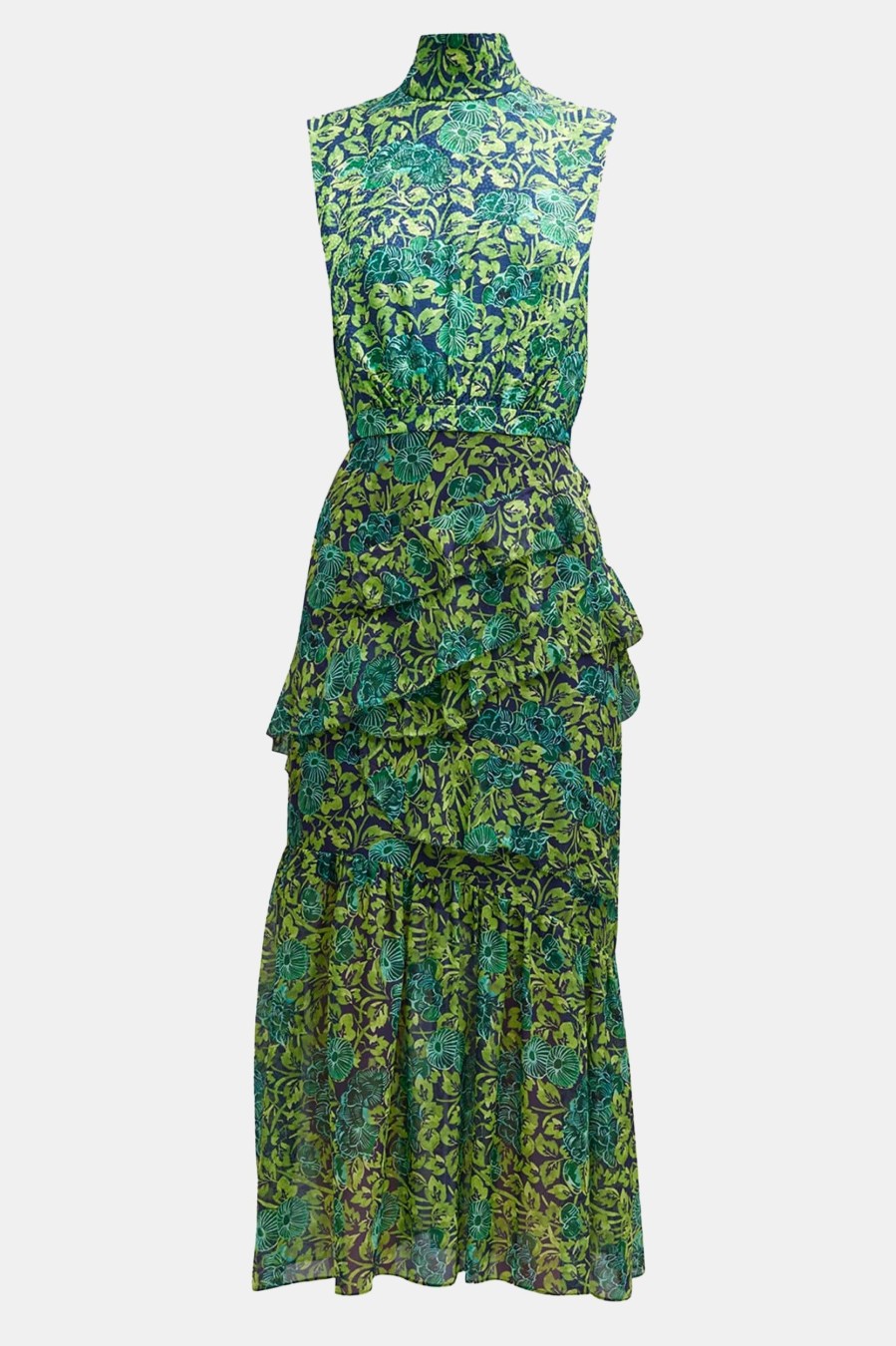 Dresses Saloni London | Fleur Ruffle Dress In Woodland Green