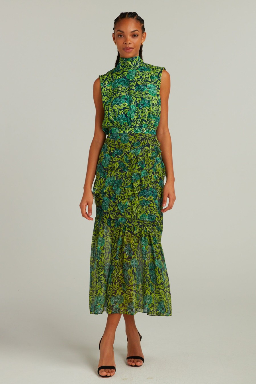 Dresses Saloni London | Fleur Ruffle Dress In Woodland Green