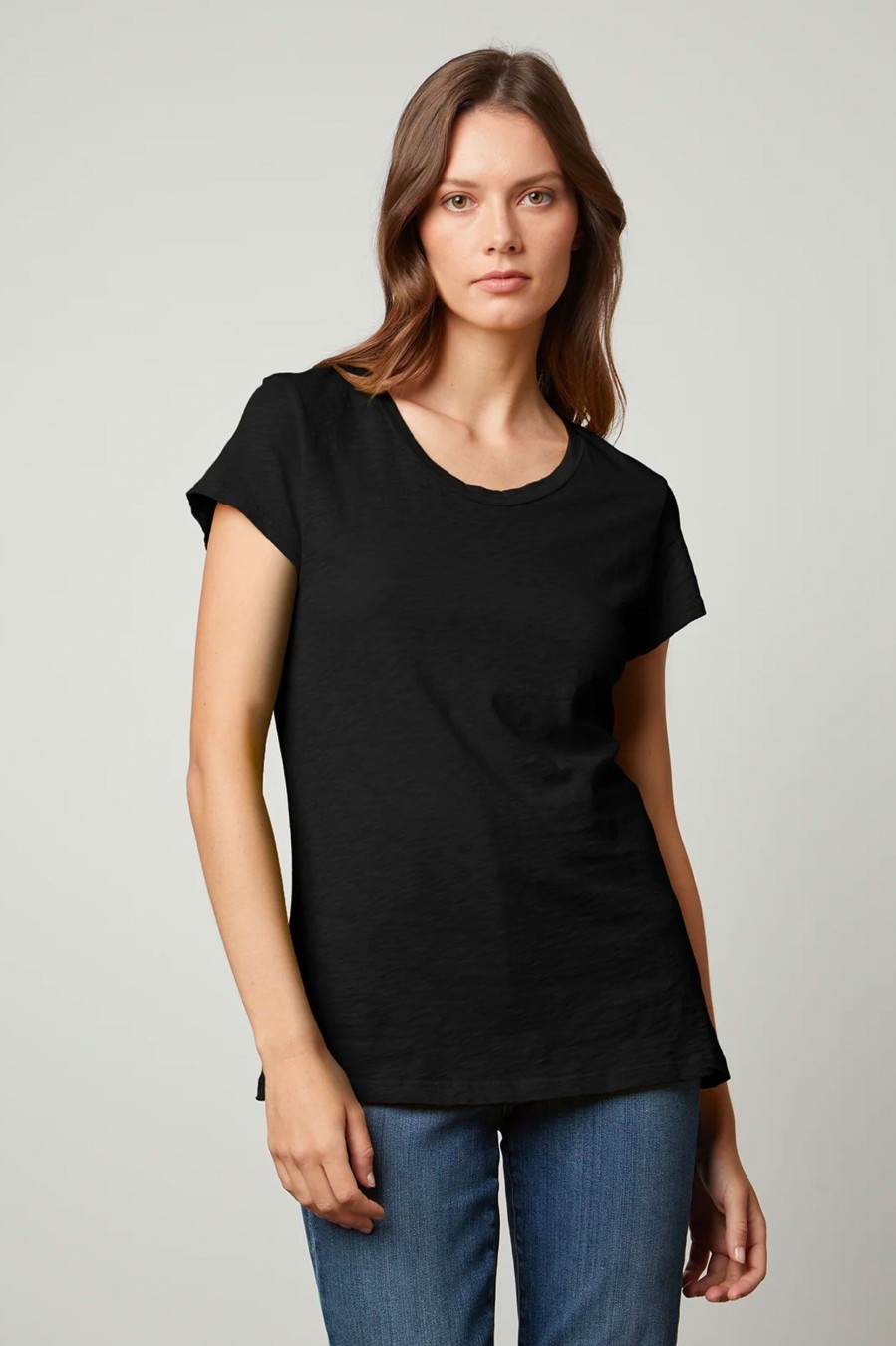 Tops And Shirts Velvet | Odelia Cotton Slub Crew Neck Tee In Black