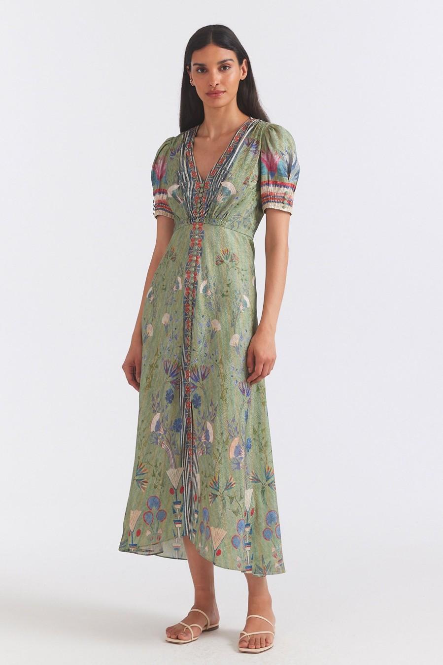 Dresses Saloni London | Lea Long Dress In Papyrus Green