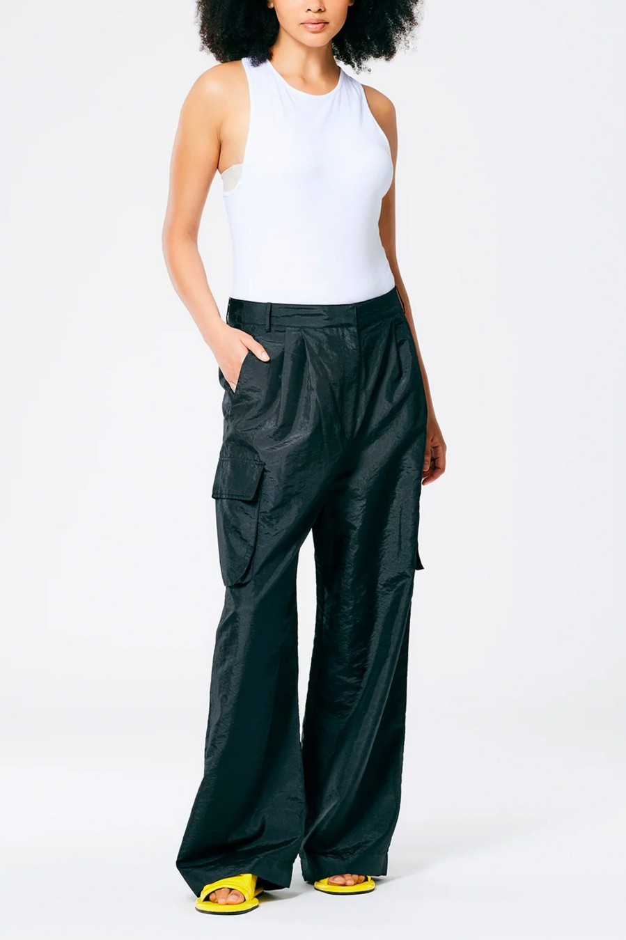 Trousers Tibi | Crispy Nylon Stella Pleated Cargo Pant In Black