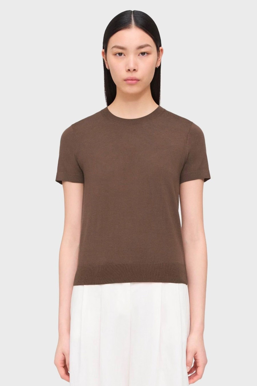 Tops And Shirts Theory | Short Sleeve Sweater In Regal Wool Pecan Brown