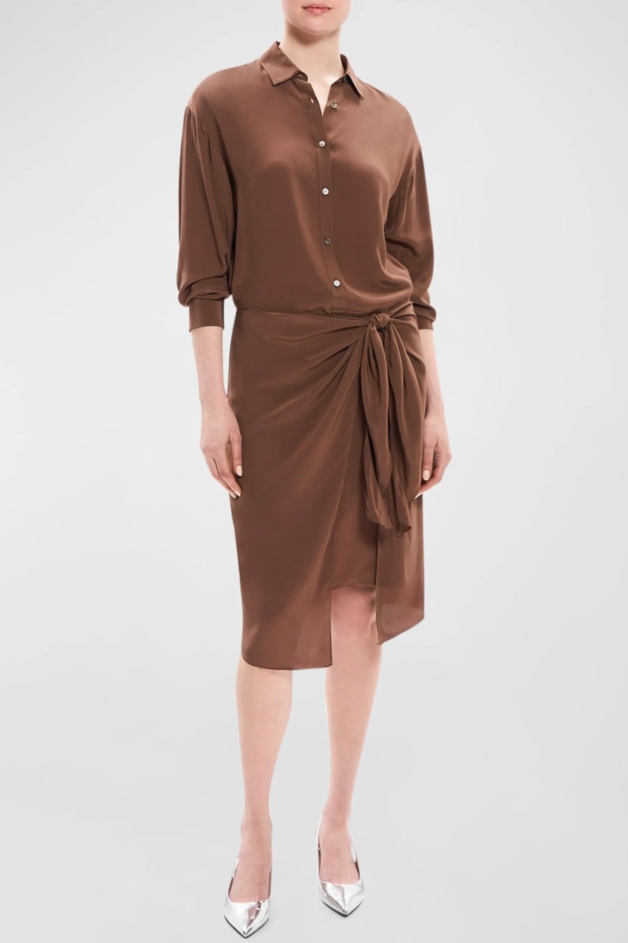 Dresses Theory | Sarong Midi Shirtdress In Pecan Brown