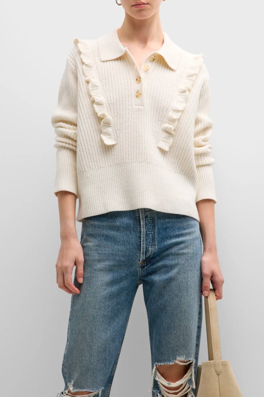 Knitwear And Sweaters Derek Lam 10 Crosby | Noelia Collar Ruffle Sweater In Ivory Neutrals