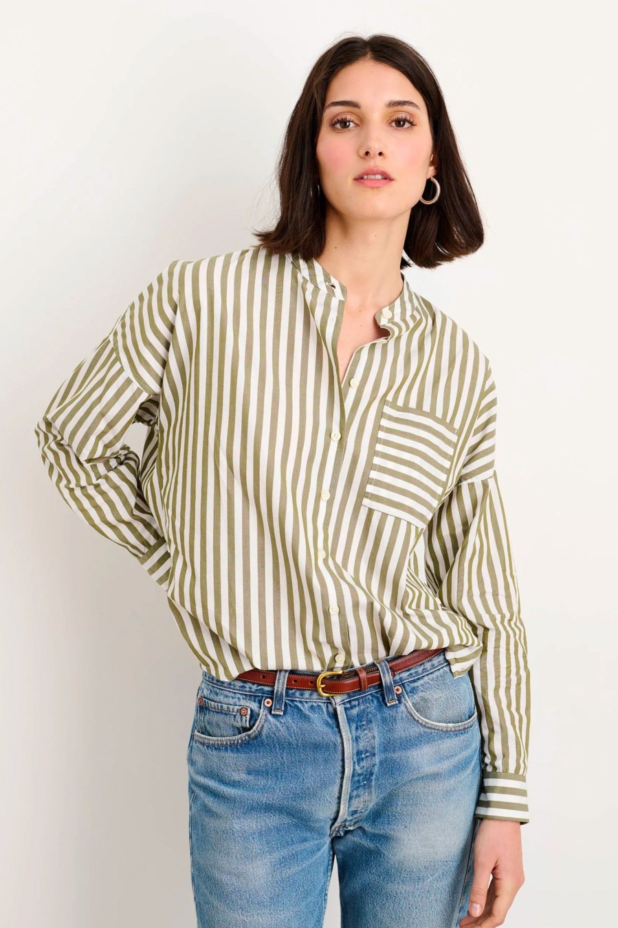 Tops And Shirts Alex Mill | Jo Cotton Shirt In Olive Stripe Multi