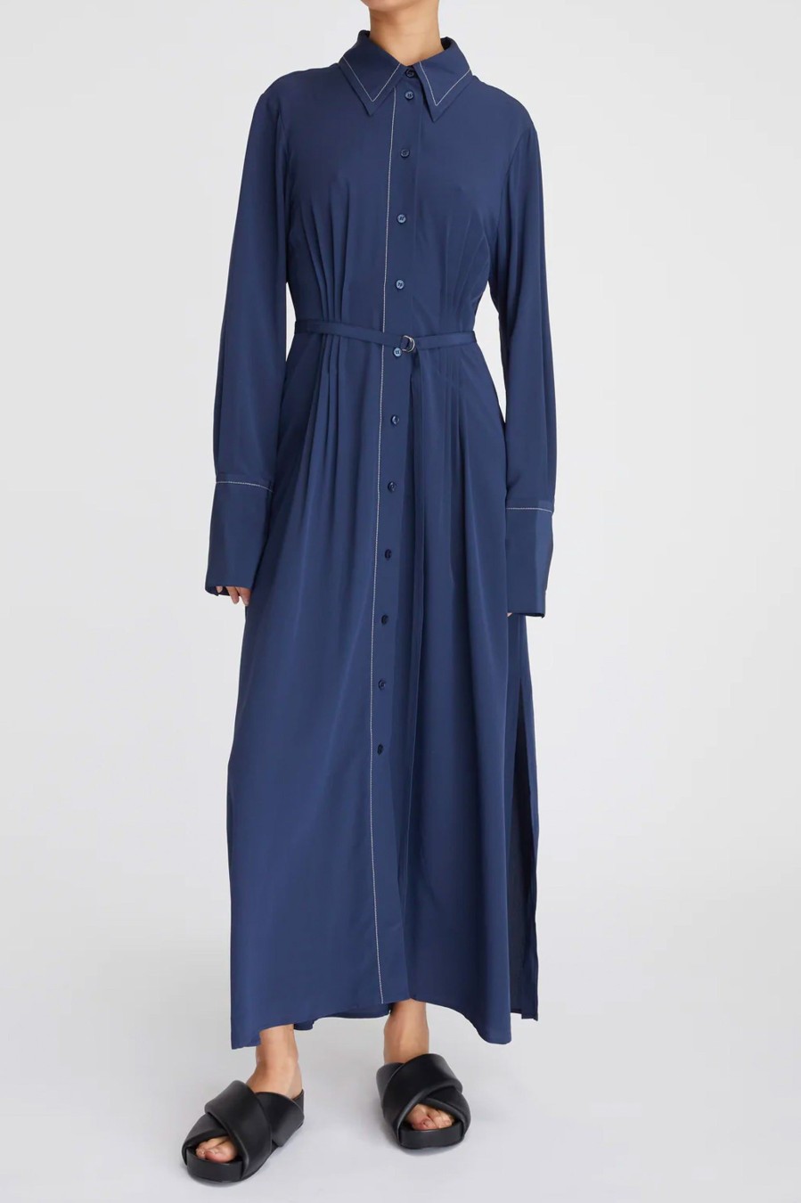 Dresses Lee Mathews | Cassini Tucked Shirtdress In Ink Blue