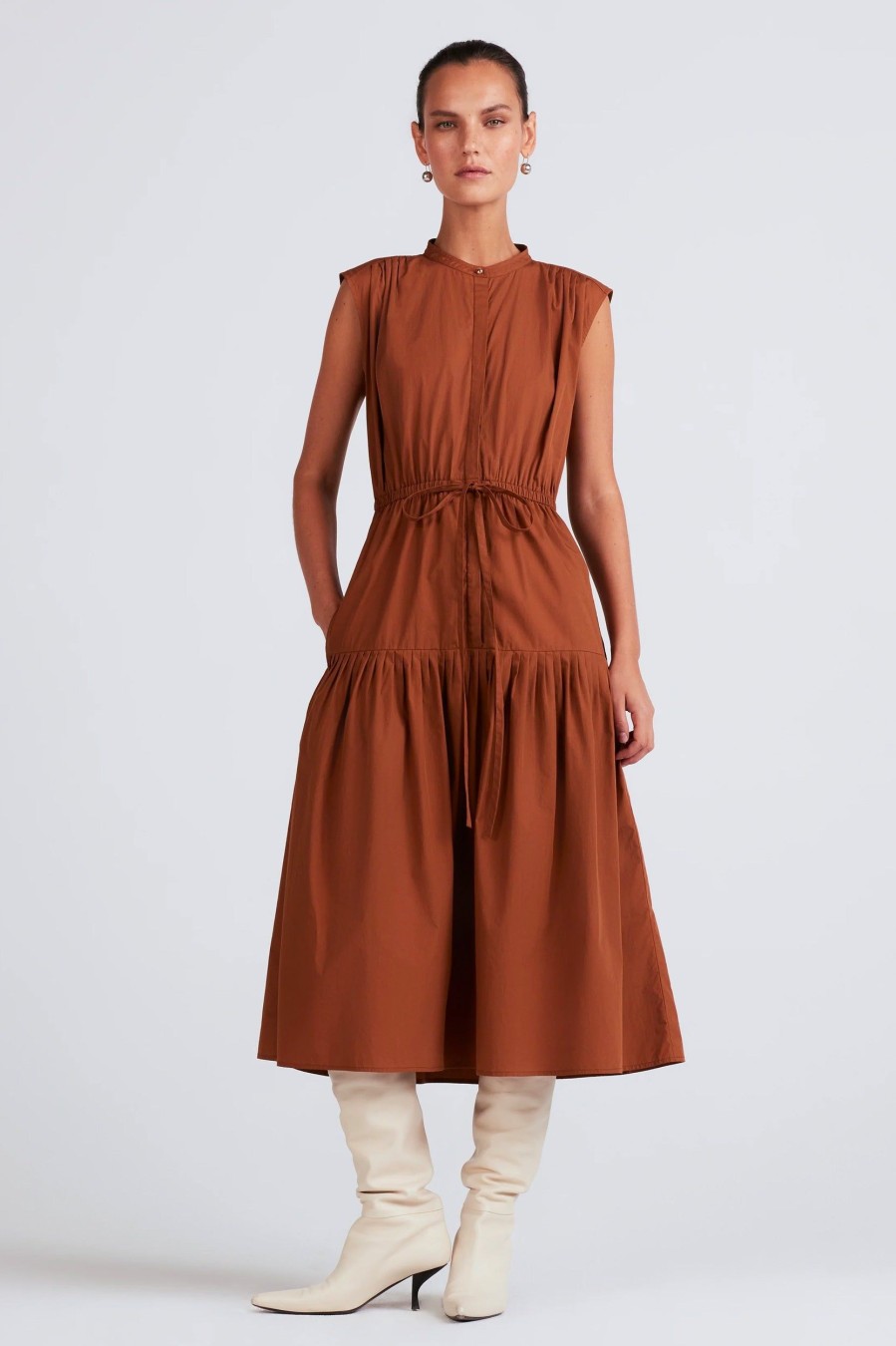 Dresses Derek Lam 10 Crosby | Margaret Waist Tie Midi Dress In Luggage Brown