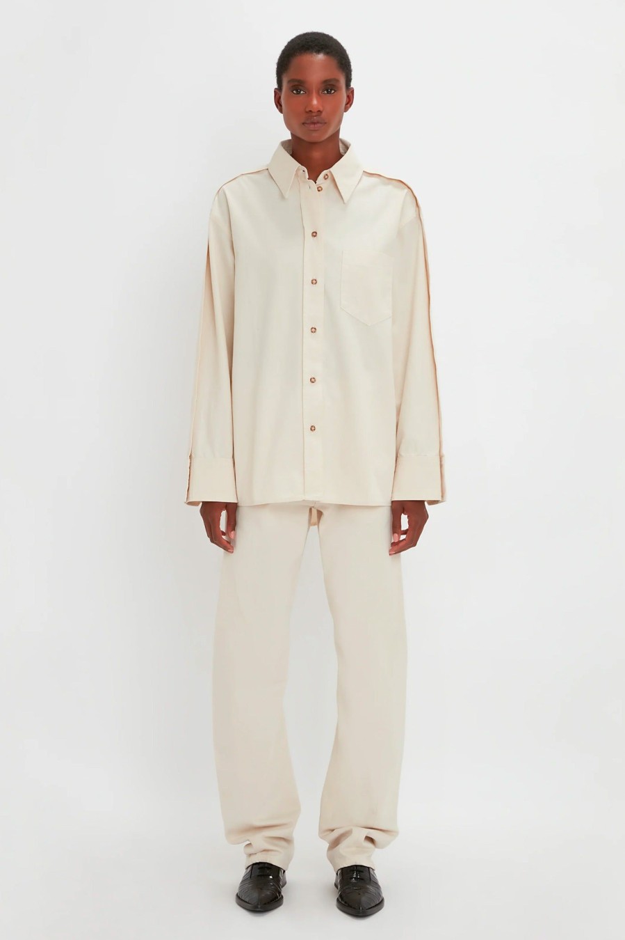 Coats And Jackets Victoria Beckham | Oversized Pleat Detail Denim Shirt In Ecru Neutrals