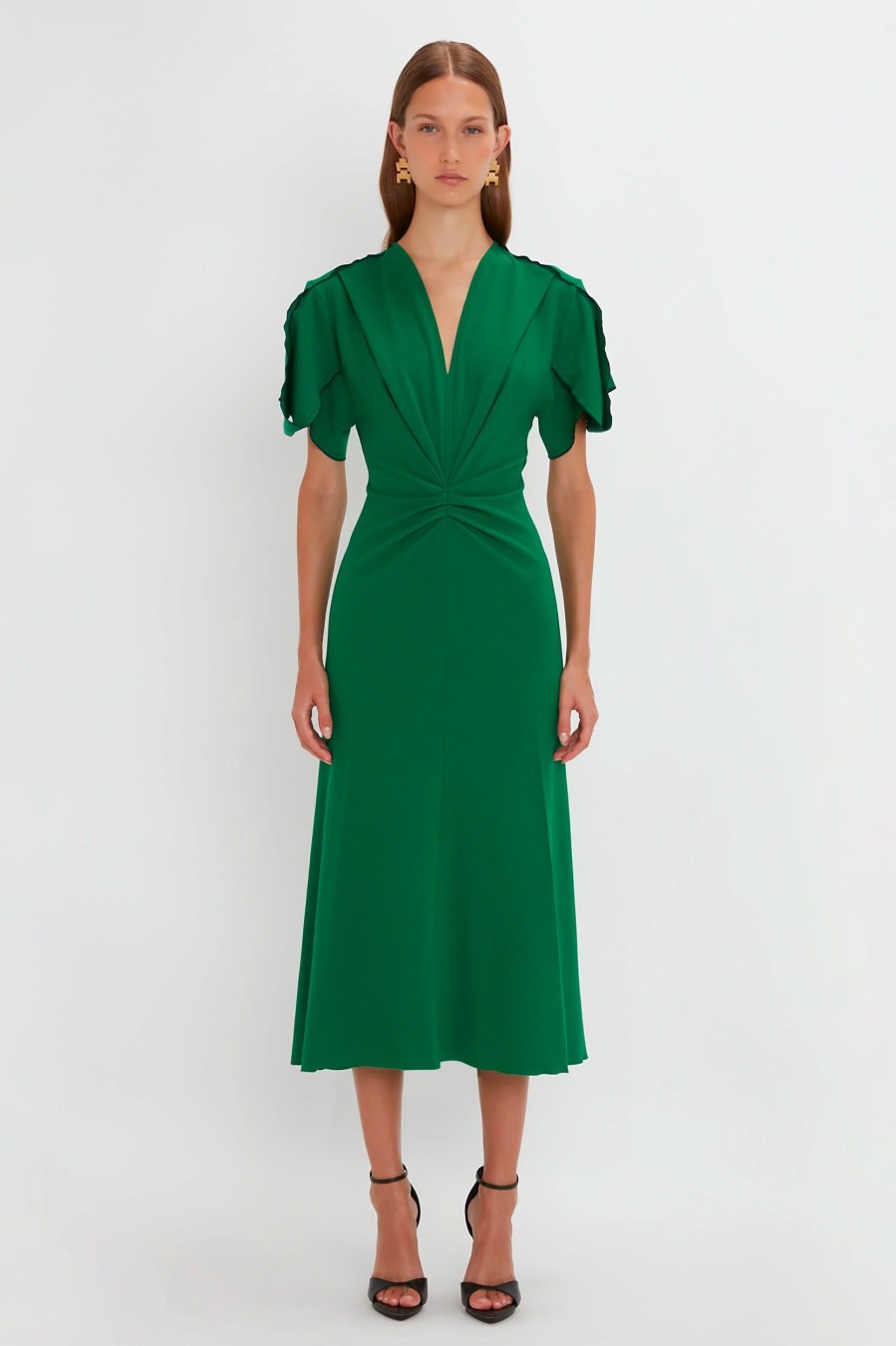 Dresses Victoria Beckham | Gathered V-Neck Midi Dress In Viridian Green