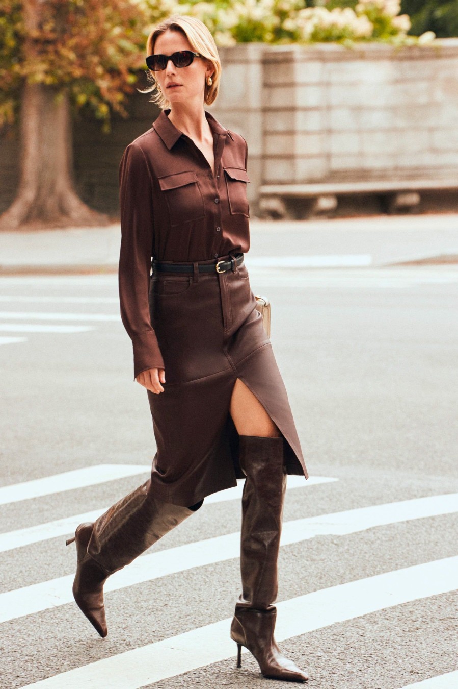 Skirts Derek Lam 10 Crosby | Mia Leather Front Slit Pencil Skirt In Chocolate Brown