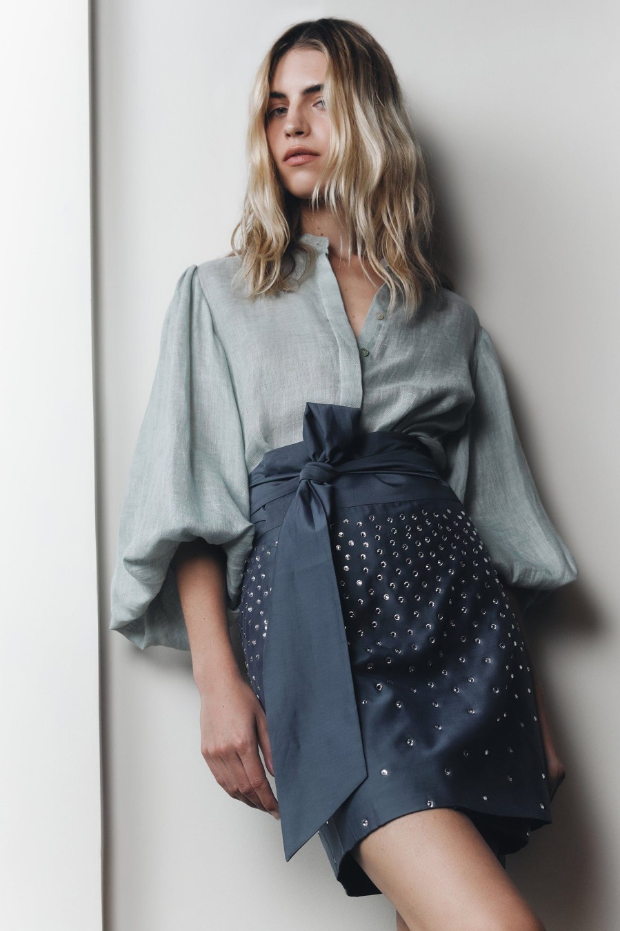 Skirts Sarah Jane Clarke | Moxie Mini Wrap Skirt In Misty Sea Blue