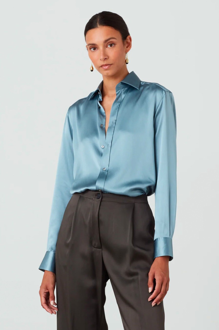 Tops And Shirts With Nothing Underneath | The Boyfriend Silk Shirt In Slate Blue