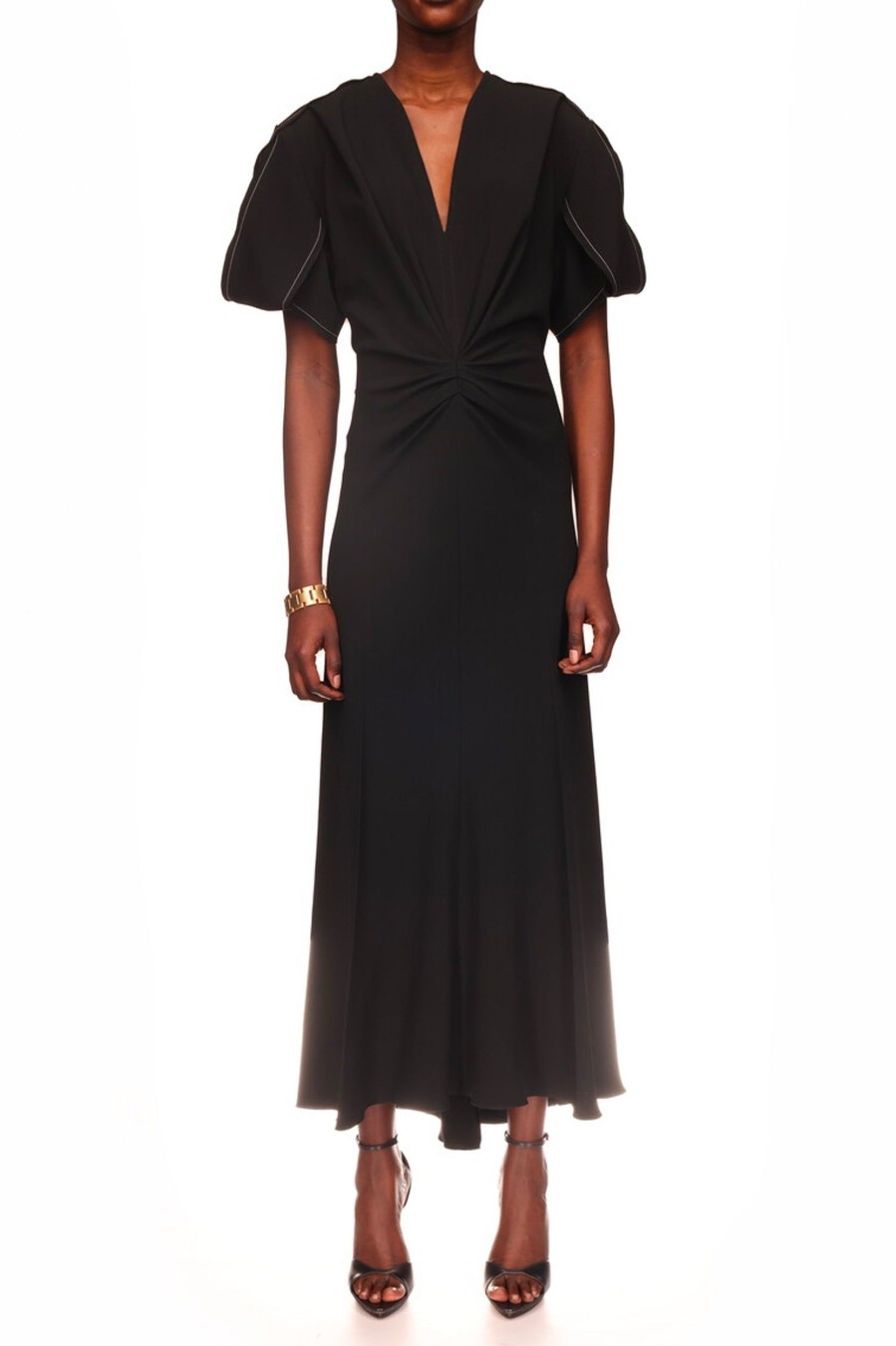 Dresses Victoria Beckham | Gathered V-Neck Midi Dress In Black