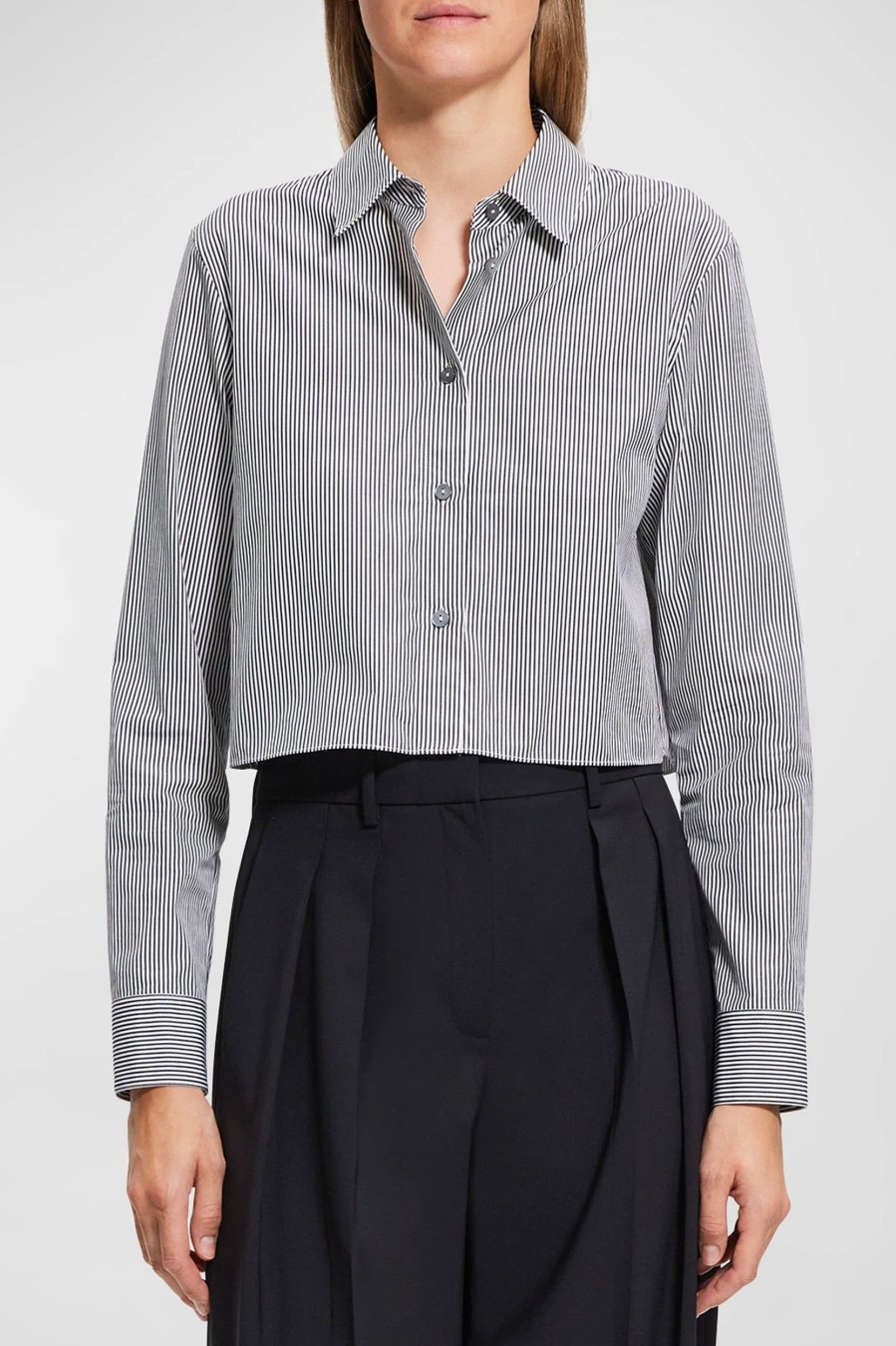 Tops And Shirts Theory | Classic Crop Stripe Shirt In Charcoal Multi