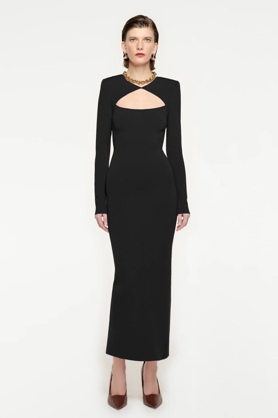 Dresses Roland Mouret | Long Sleeve Knit Midi Dress In Black