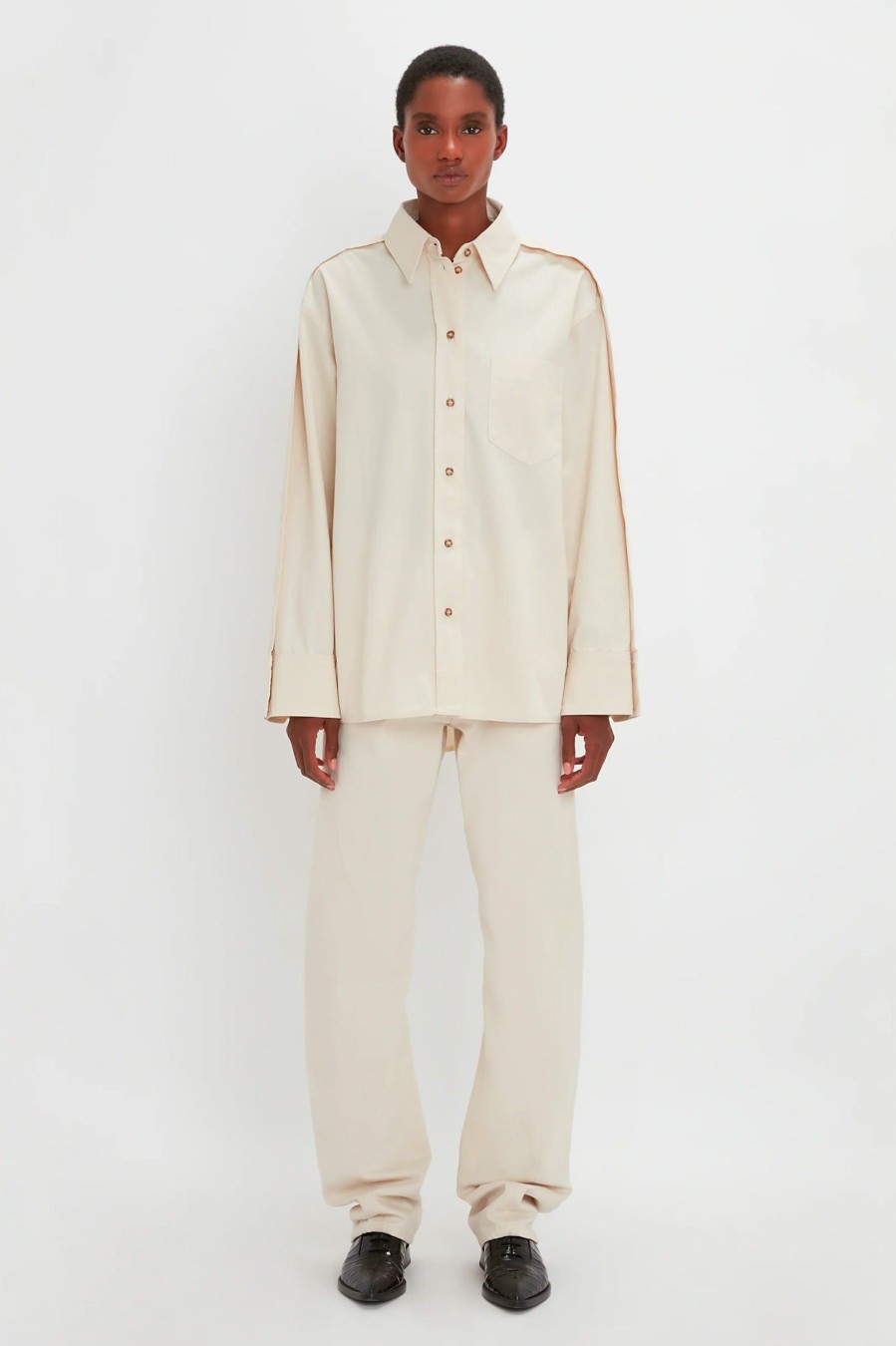 Denim Victoria Beckham | Oversized Pleat Detail Denim Shirt In Ecru Neutrals