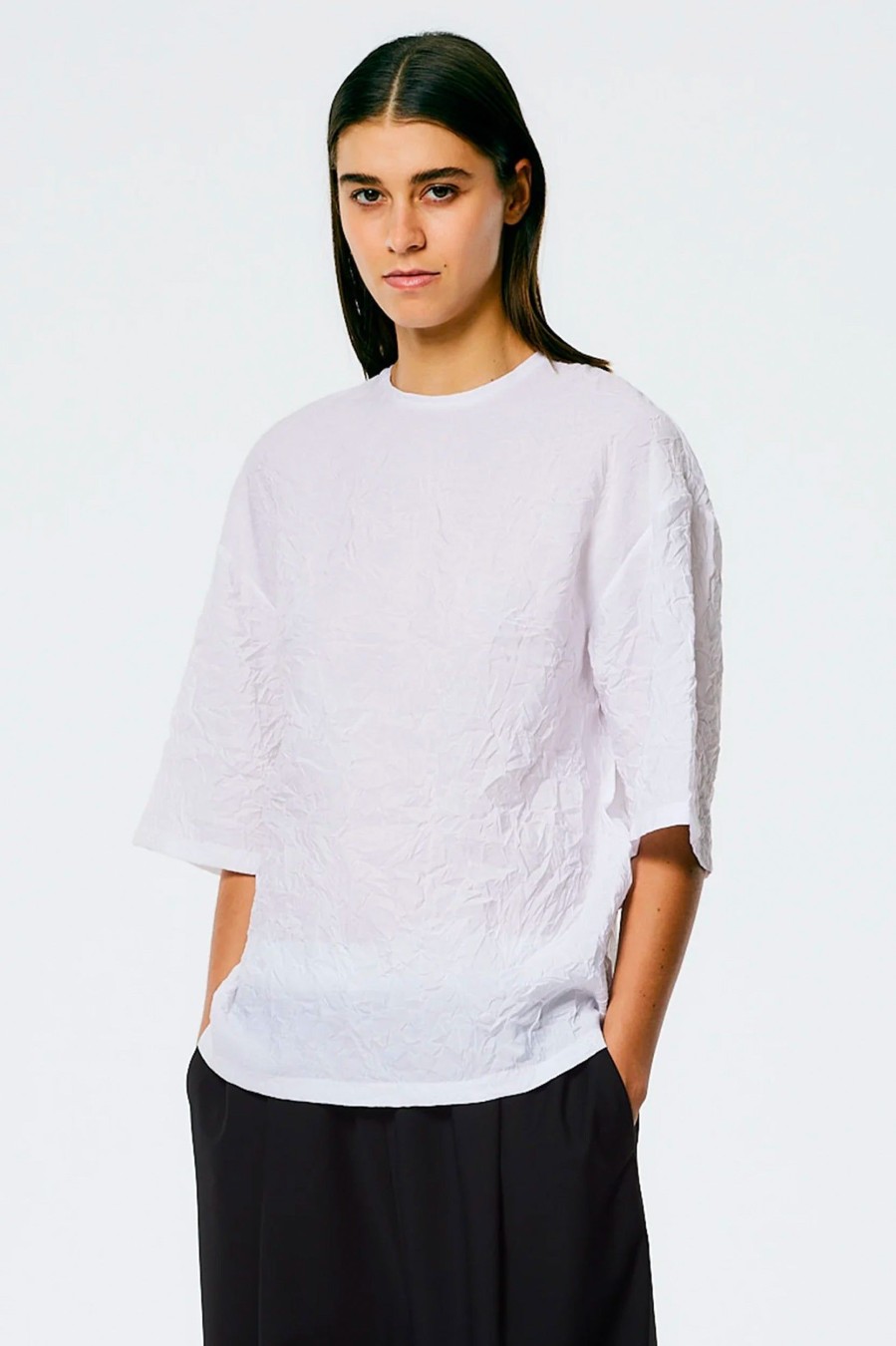 Tops And Shirts Tibi | Crinkle Shirting Easy Tee In White