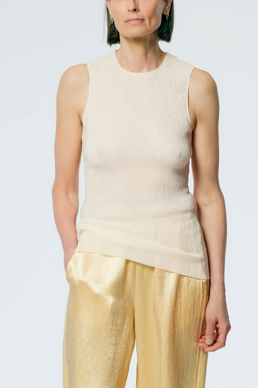 Tops And Shirts Tibi | Sage Crinkle Lyocell Fitted Tank In Ivory Neutrals