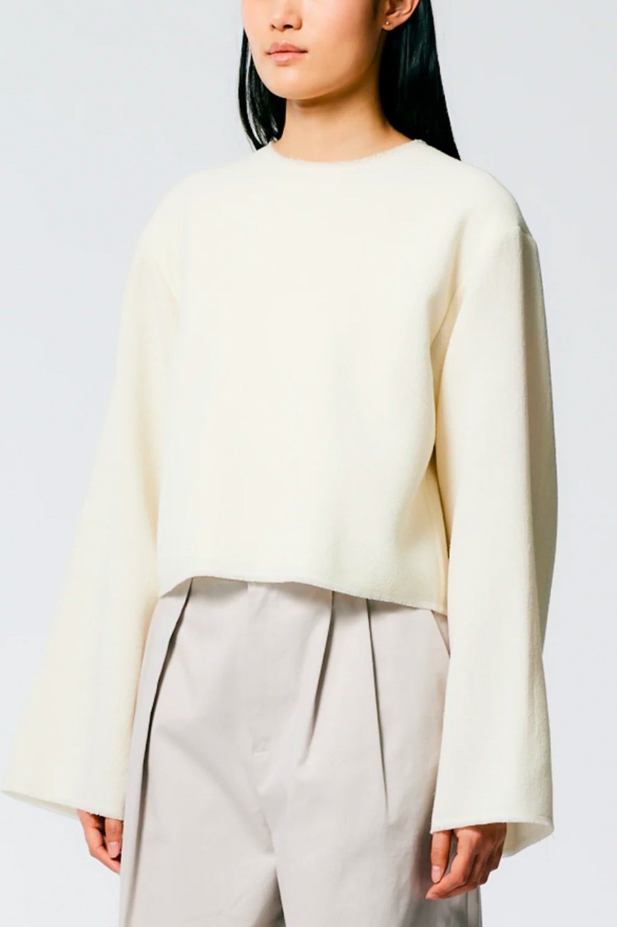 Tops And Shirts Tibi | Melee Crepe Long Sleeve Cropped Top Neutrals