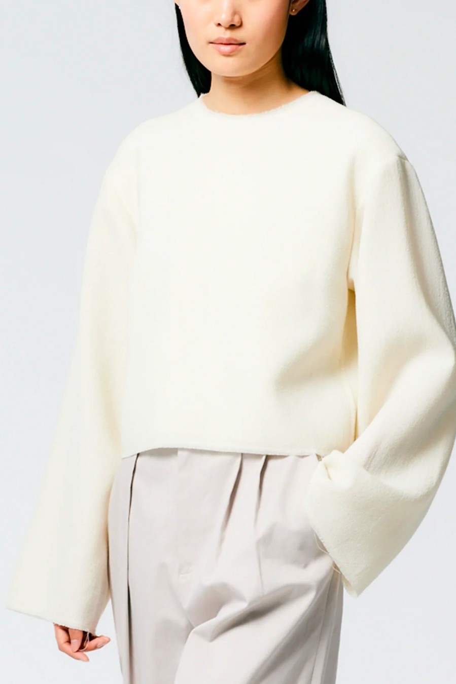 Tops And Shirts Tibi | Melee Crepe Long Sleeve Cropped Top Neutrals