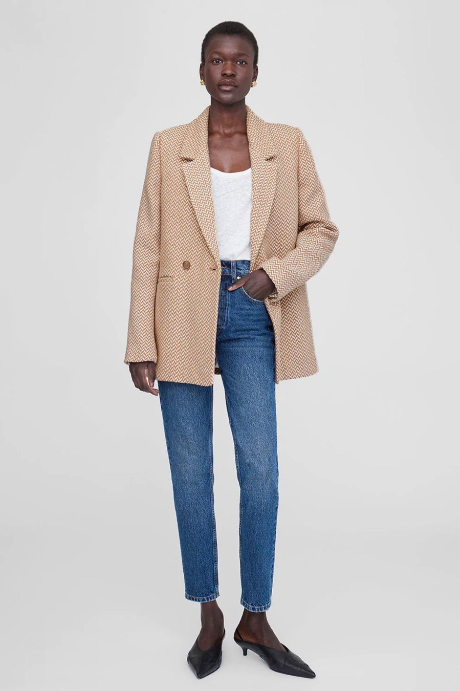 Coats And Jackets Anine Bing | Fishbone Blazer In Tan And Cream