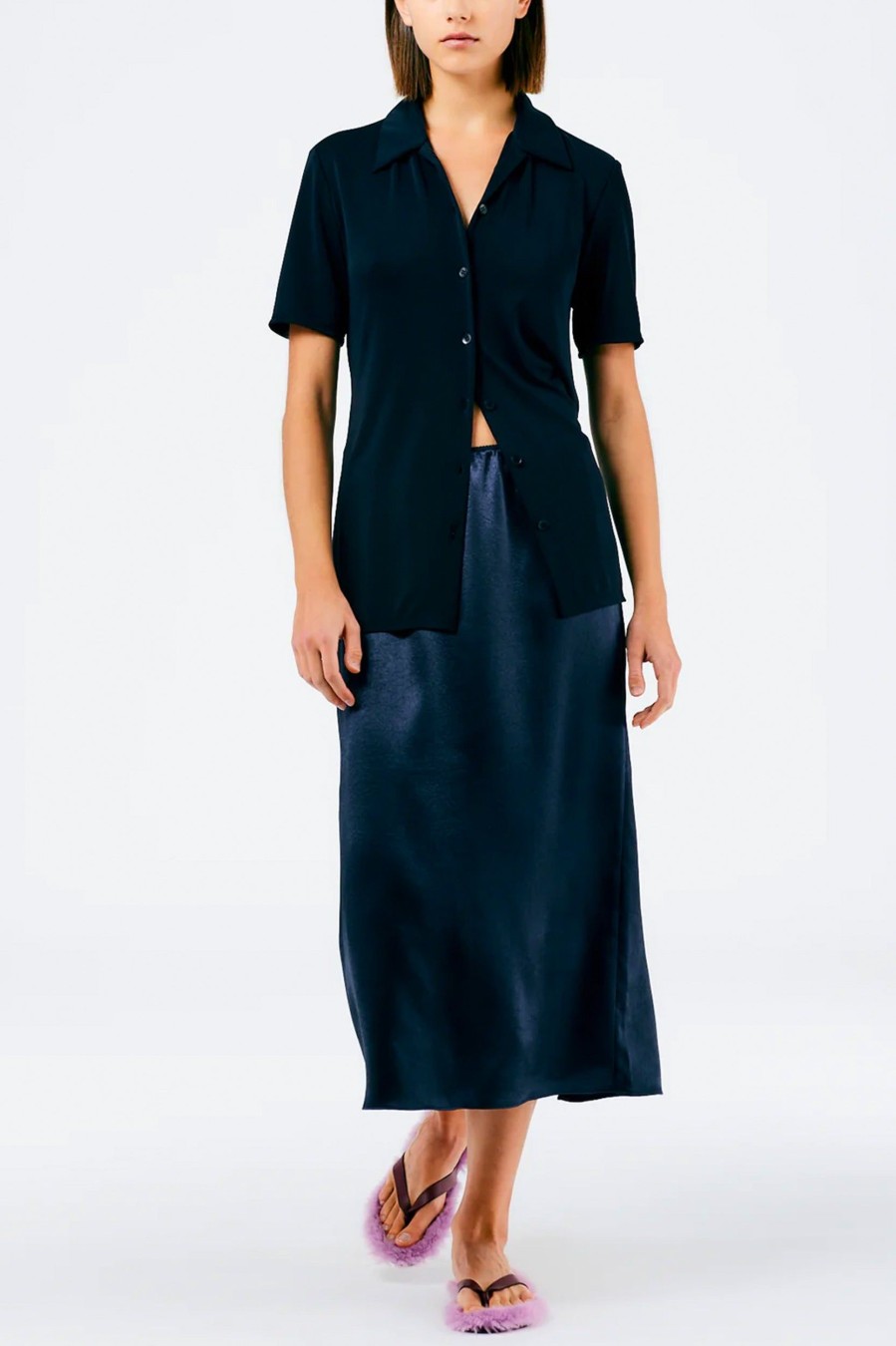 Skirts Tibi | Summer Satin Slip Skirt In Dark Navy Blue