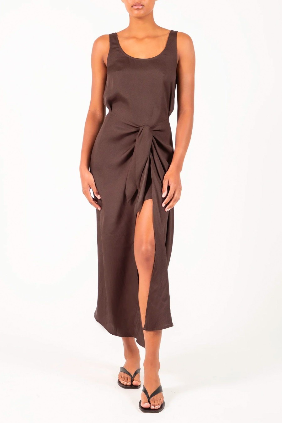 Dresses ANEMOS | The Dk Midi Matte Wrap Dress In Espresso Brown