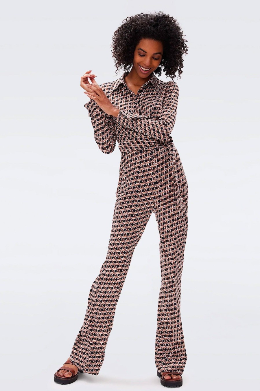 Jumpsuits Diane Von Furstenberg | Michele Jumpsuit In Wave Geo Camel Multi