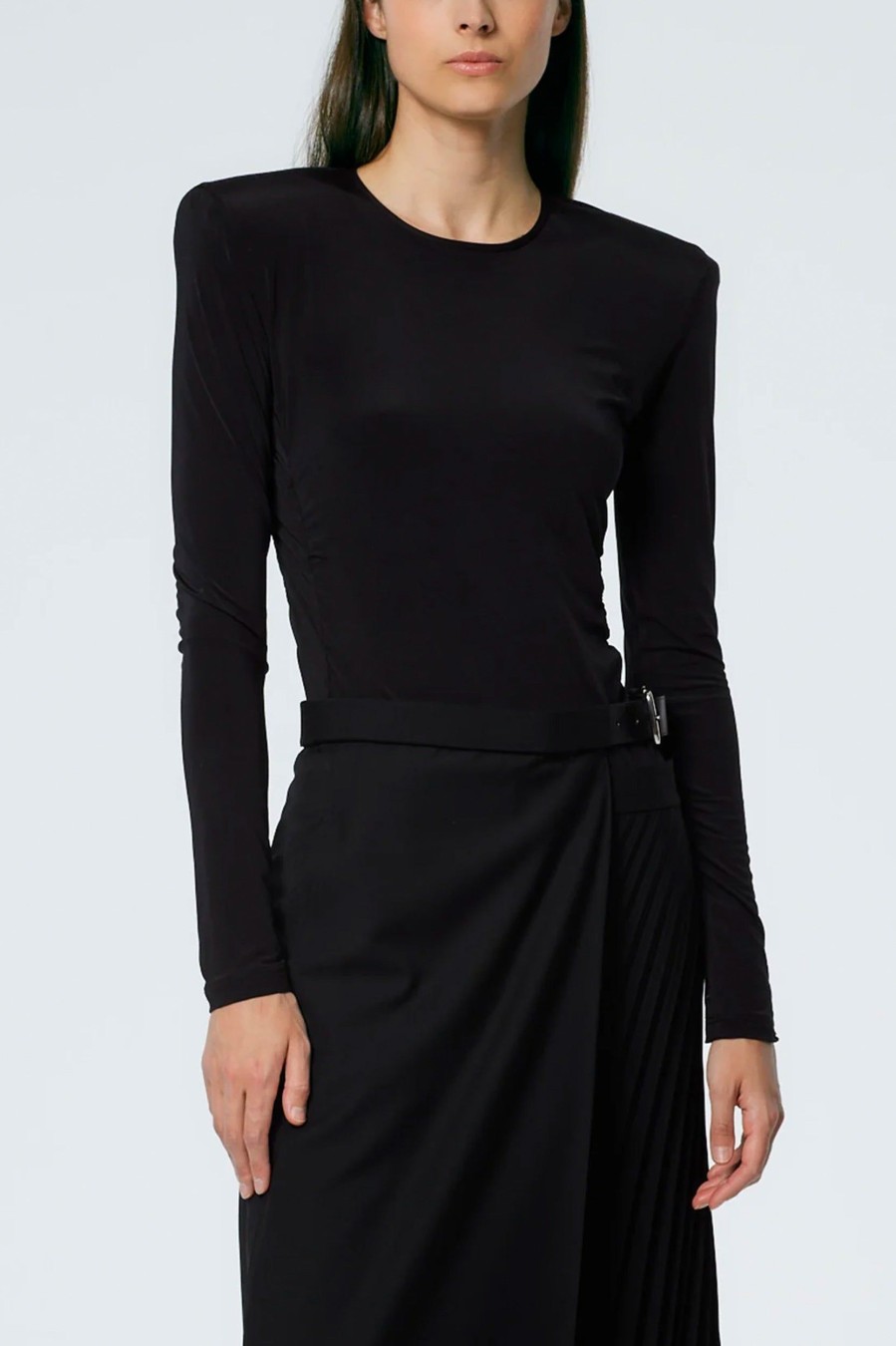 Tops And Shirts Tibi | Micro Jersey Shoulderpad Fitted Crewneck Top Black