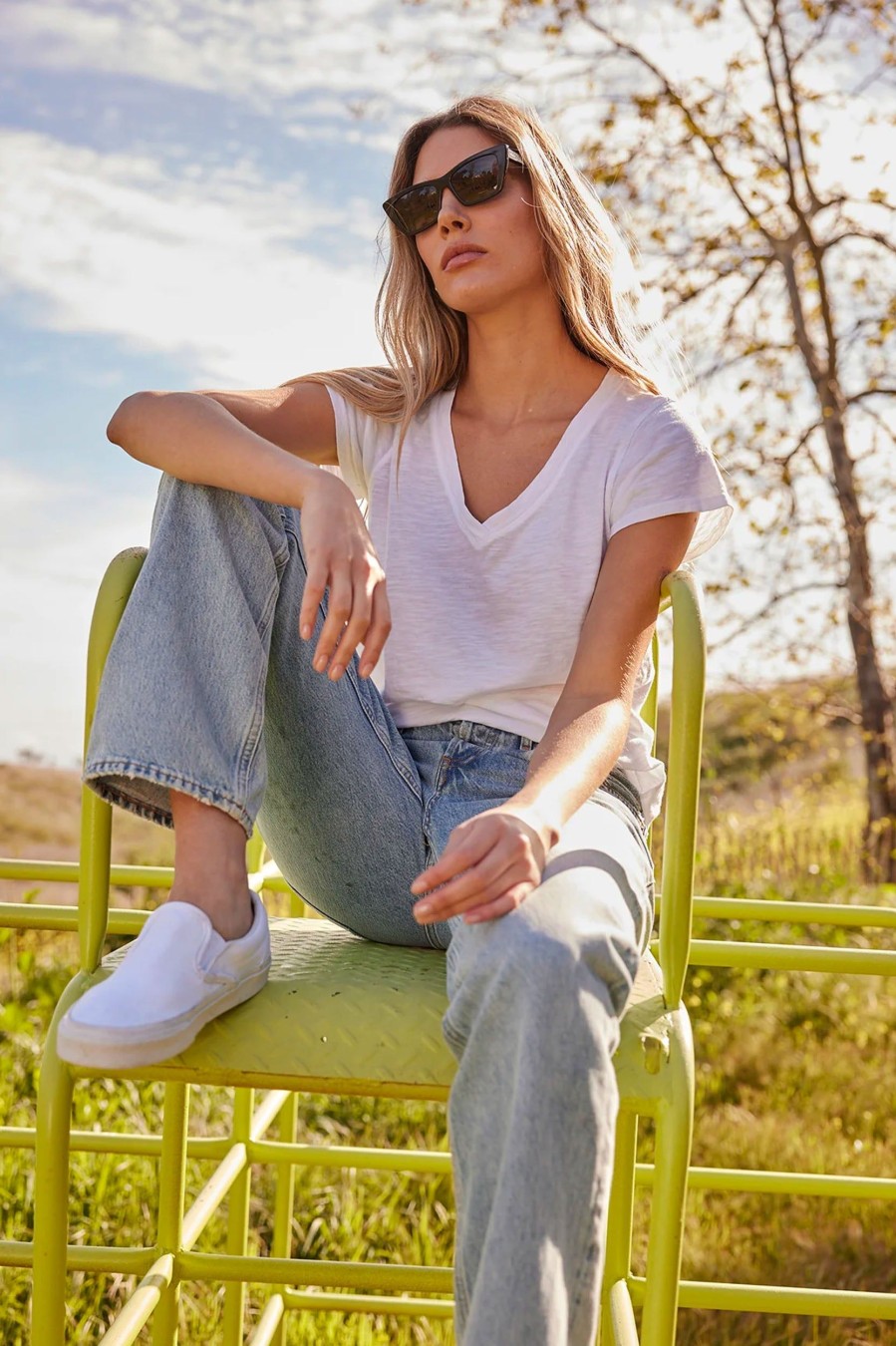 Tops And Shirts Velvet | Jilian Original Slub V-Neck Tee In White