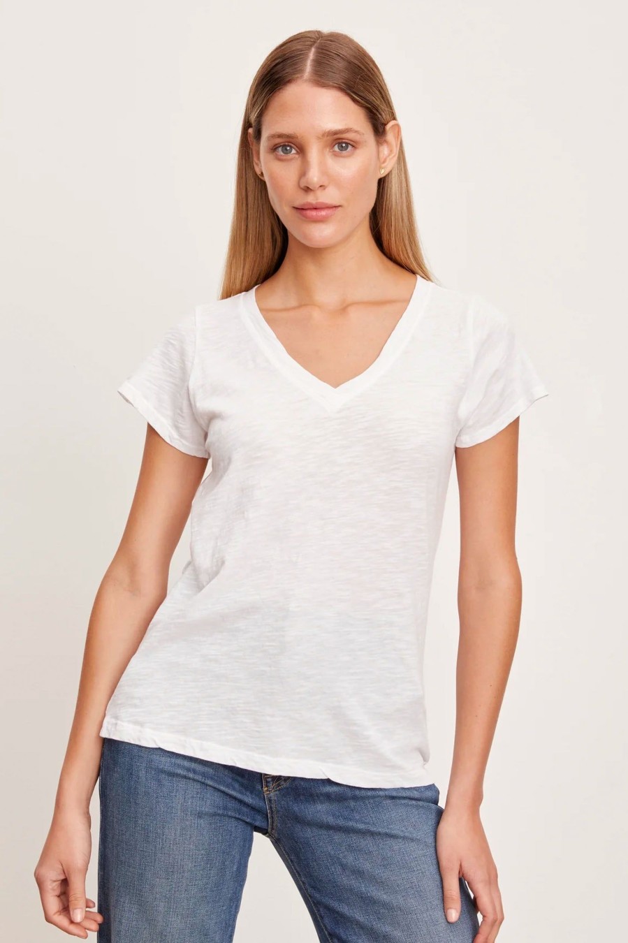 Tops And Shirts Velvet | Jilian Original Slub V-Neck Tee In White