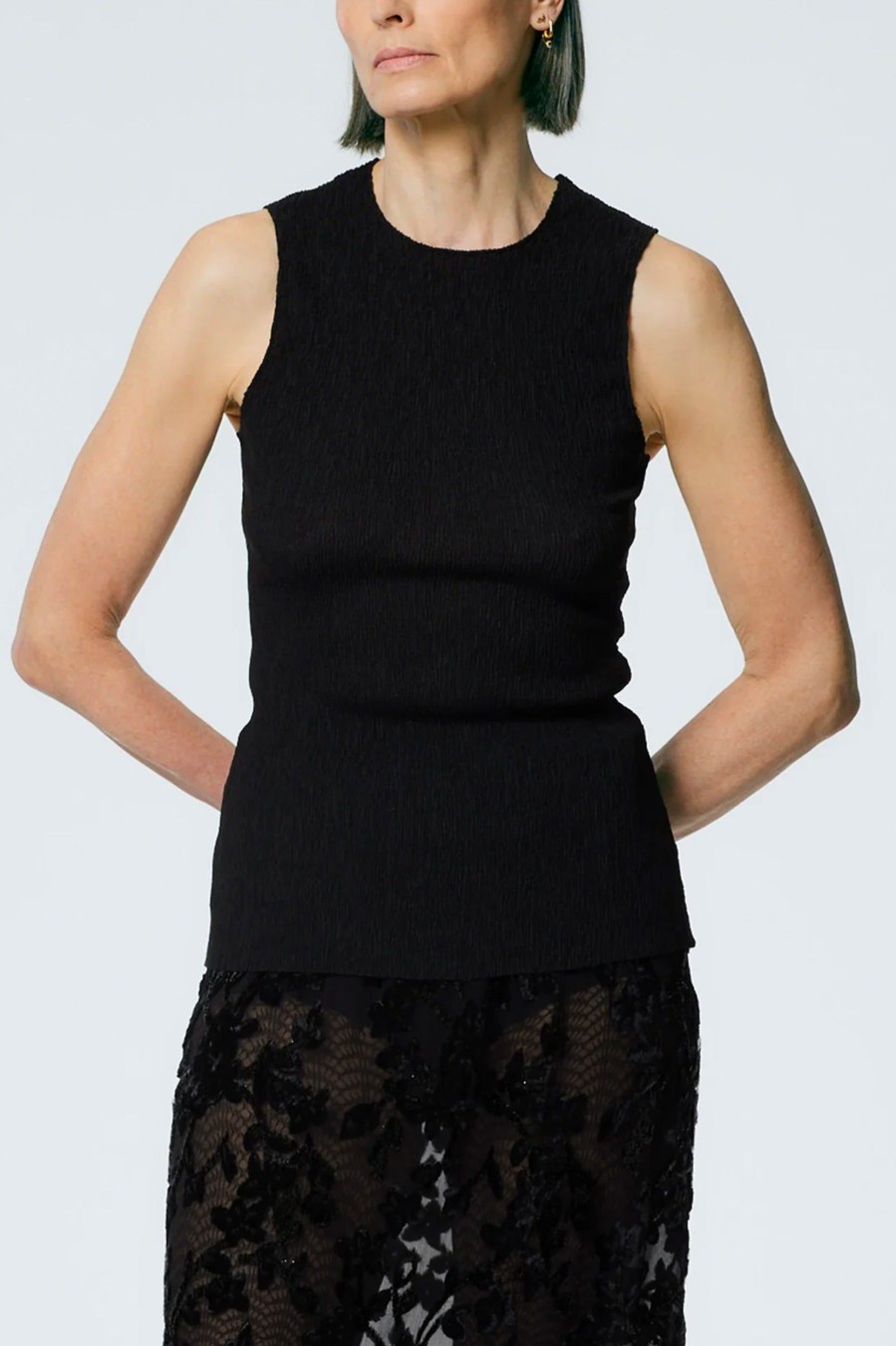 Tops And Shirts Tibi | Sage Crinkle Lyocell Fitted Tank In Black