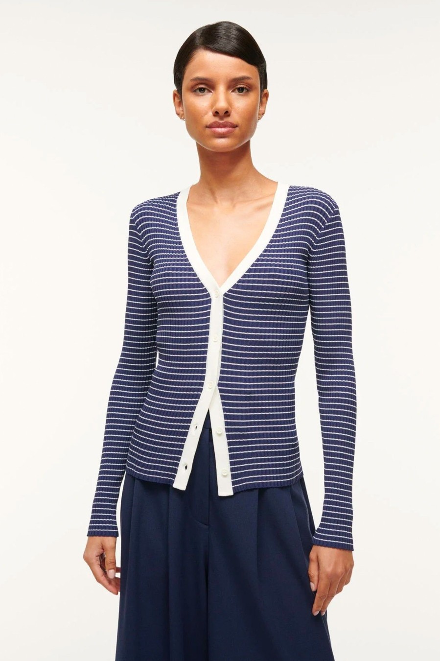 Knitwear And Sweaters STAUD | Cargo Cardigan In Navy Micro Stripe Multi