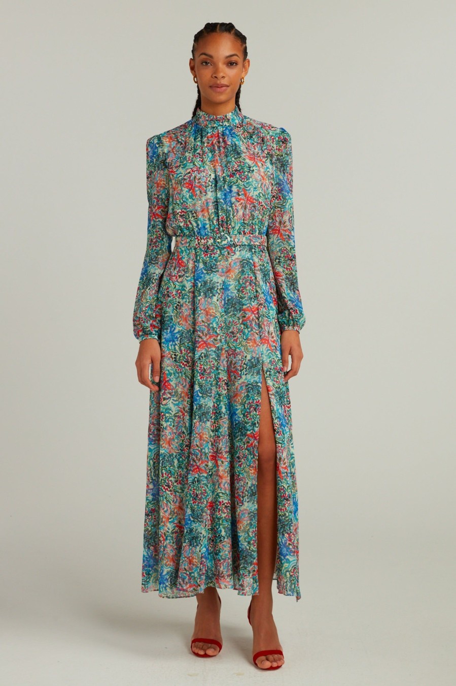 Dresses Saloni London | Jacquie-B Dress In Orchard Sage Floral