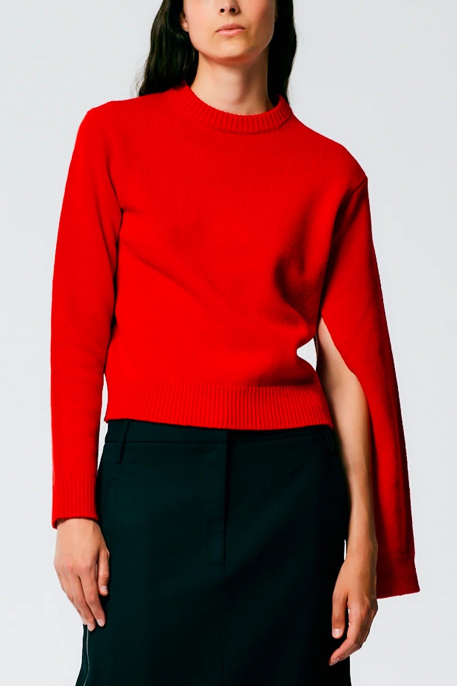 Knitwear And Sweaters Tibi | Soft Lambswool Shrunken Crewneck In Red