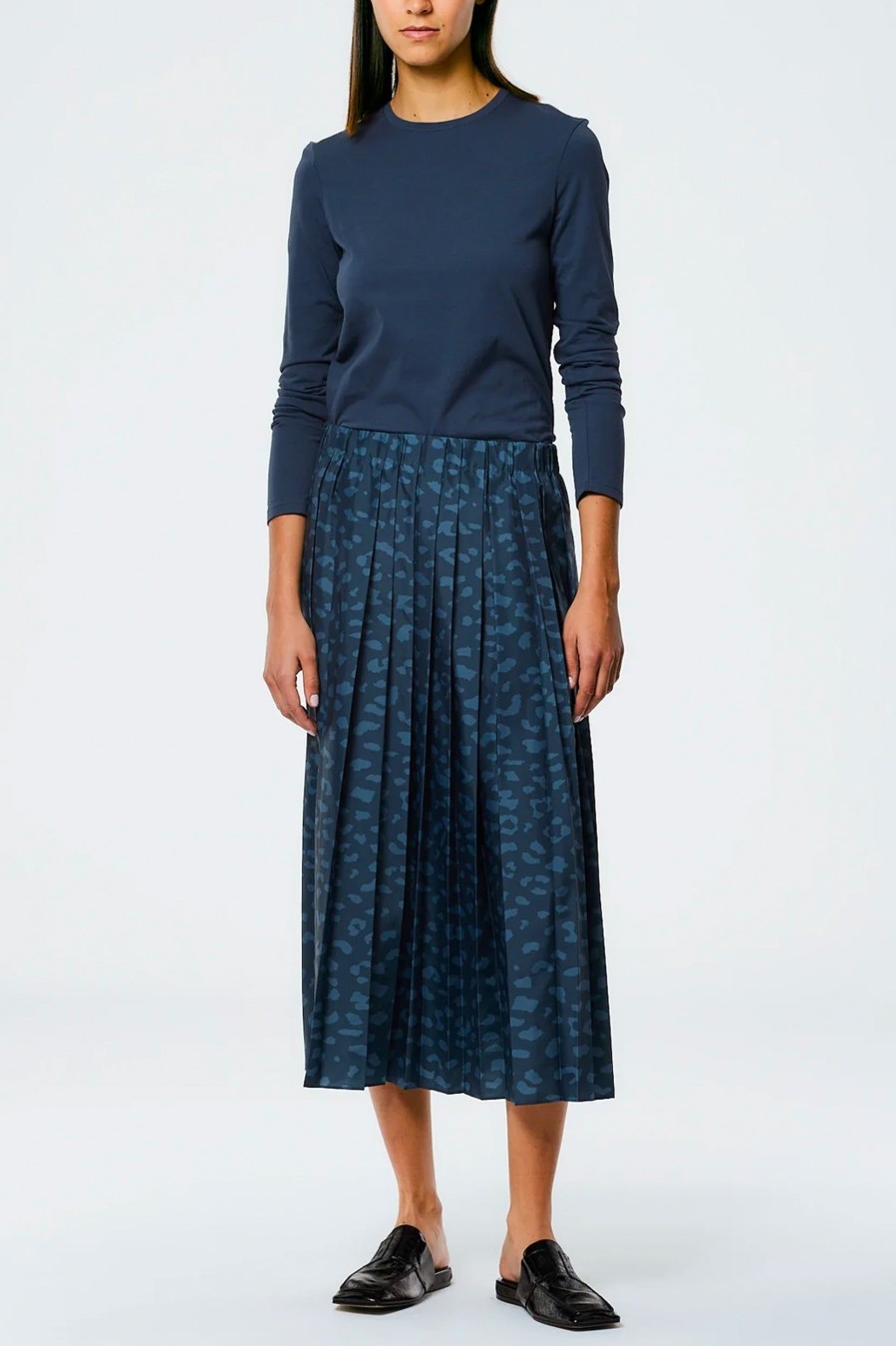 Skirts Tibi | Sporty Nylon Cheetah Pleated Skirt In Navy Fog Multi