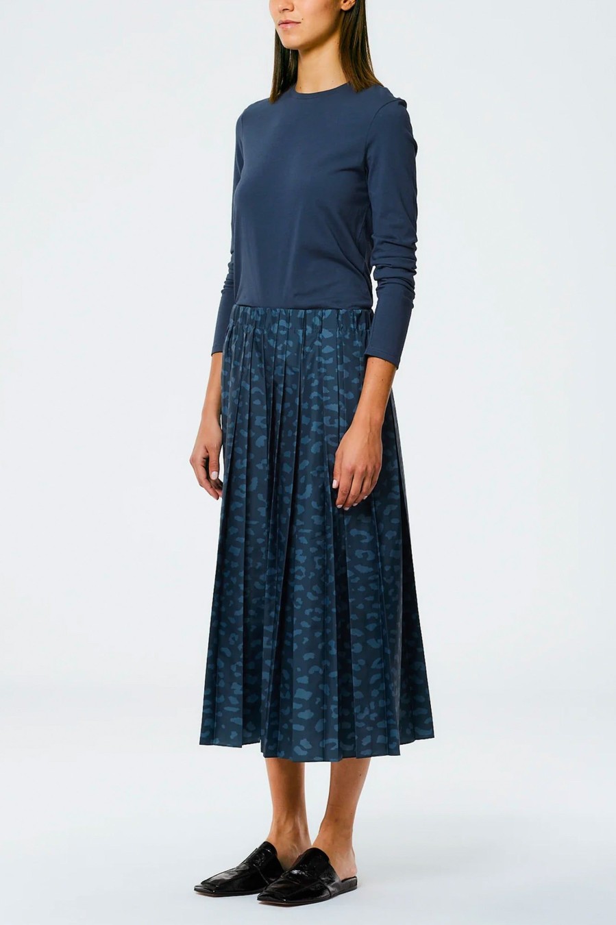 Skirts Tibi | Sporty Nylon Cheetah Pleated Skirt In Navy Fog Multi