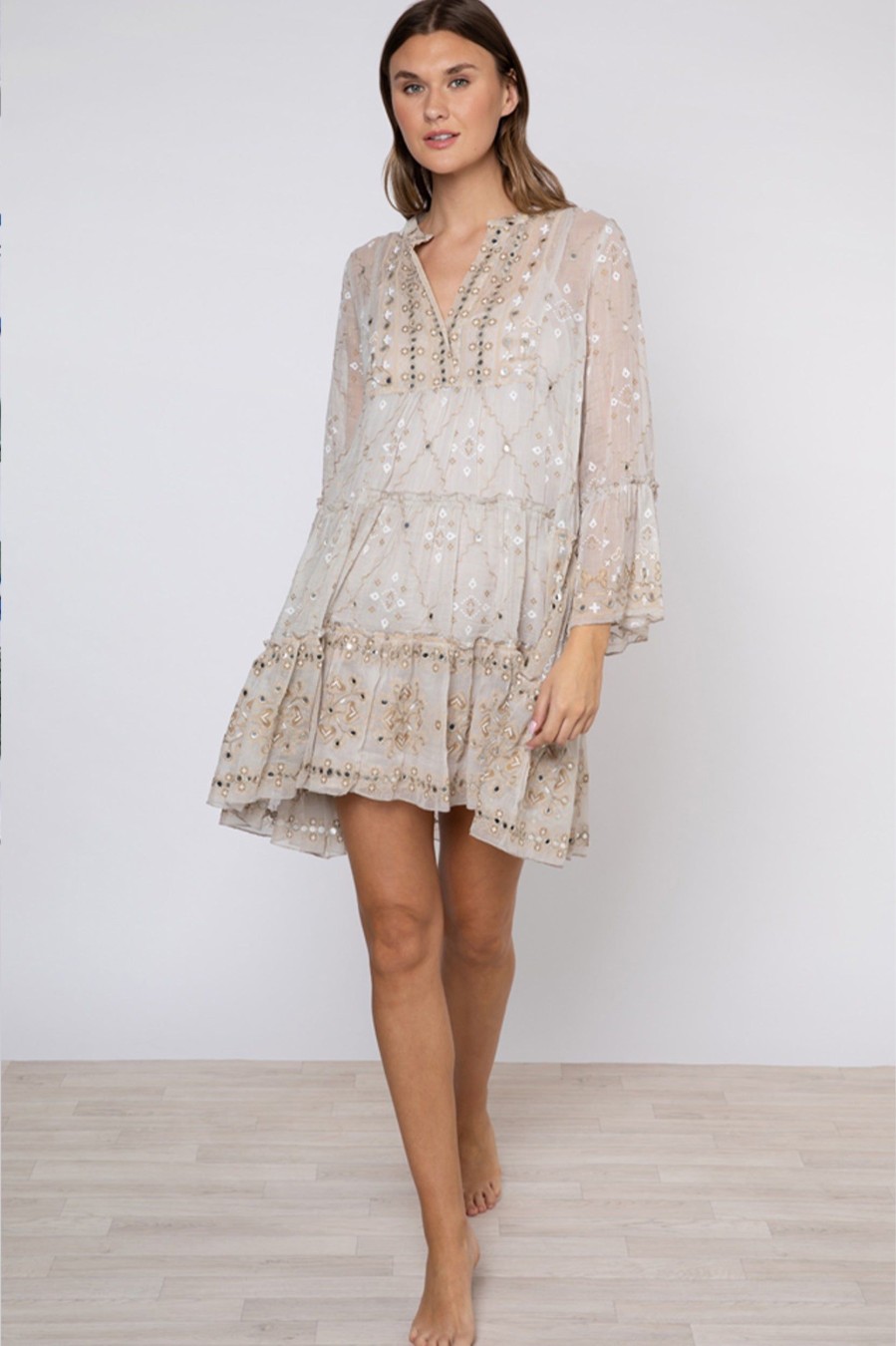 Dresses Juliet Dunn London | Flared Sleeve Mosaic Dress In Mink Mirror Neutrals