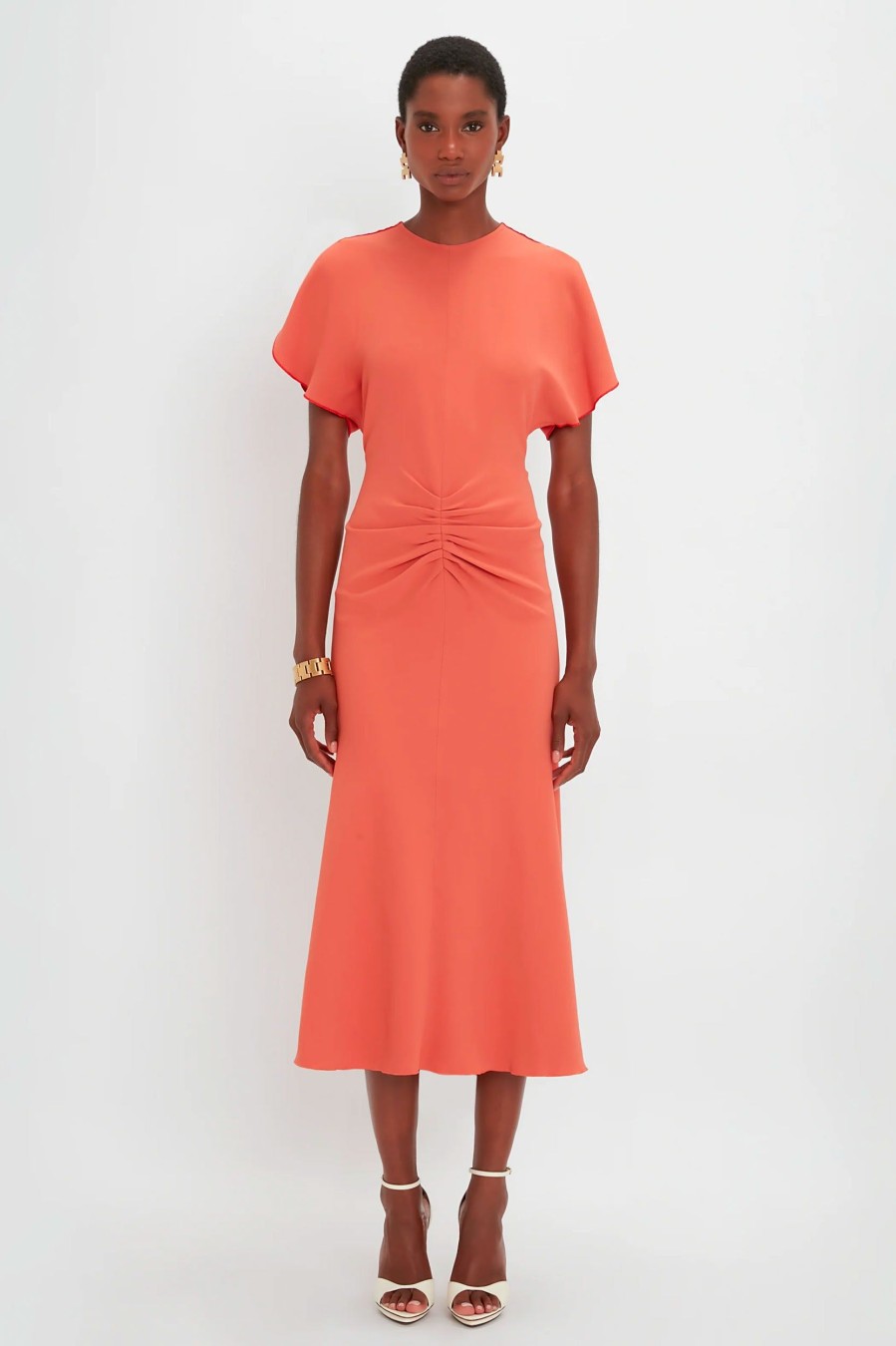 Dresses Victoria Beckham | Gathered Waist Midi Dress In Papaya Orange