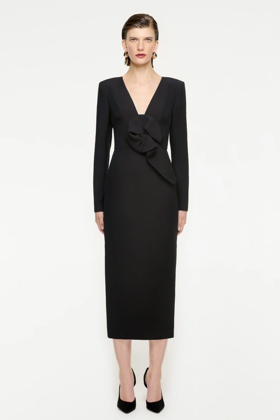 Dresses Roland Mouret | Long Sleeve Wool Silk Midi Dress In Black