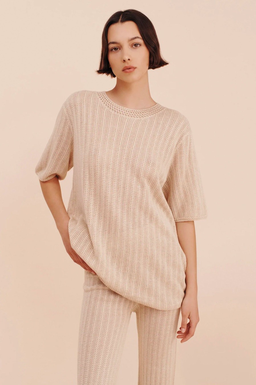 Tops And Shirts POSSE | Dylan Knit Tee In Beige Neutrals