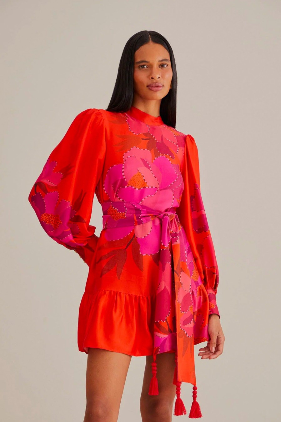 Dresses FARM Rio | Long Sleeve Mini Dress In Peony Red