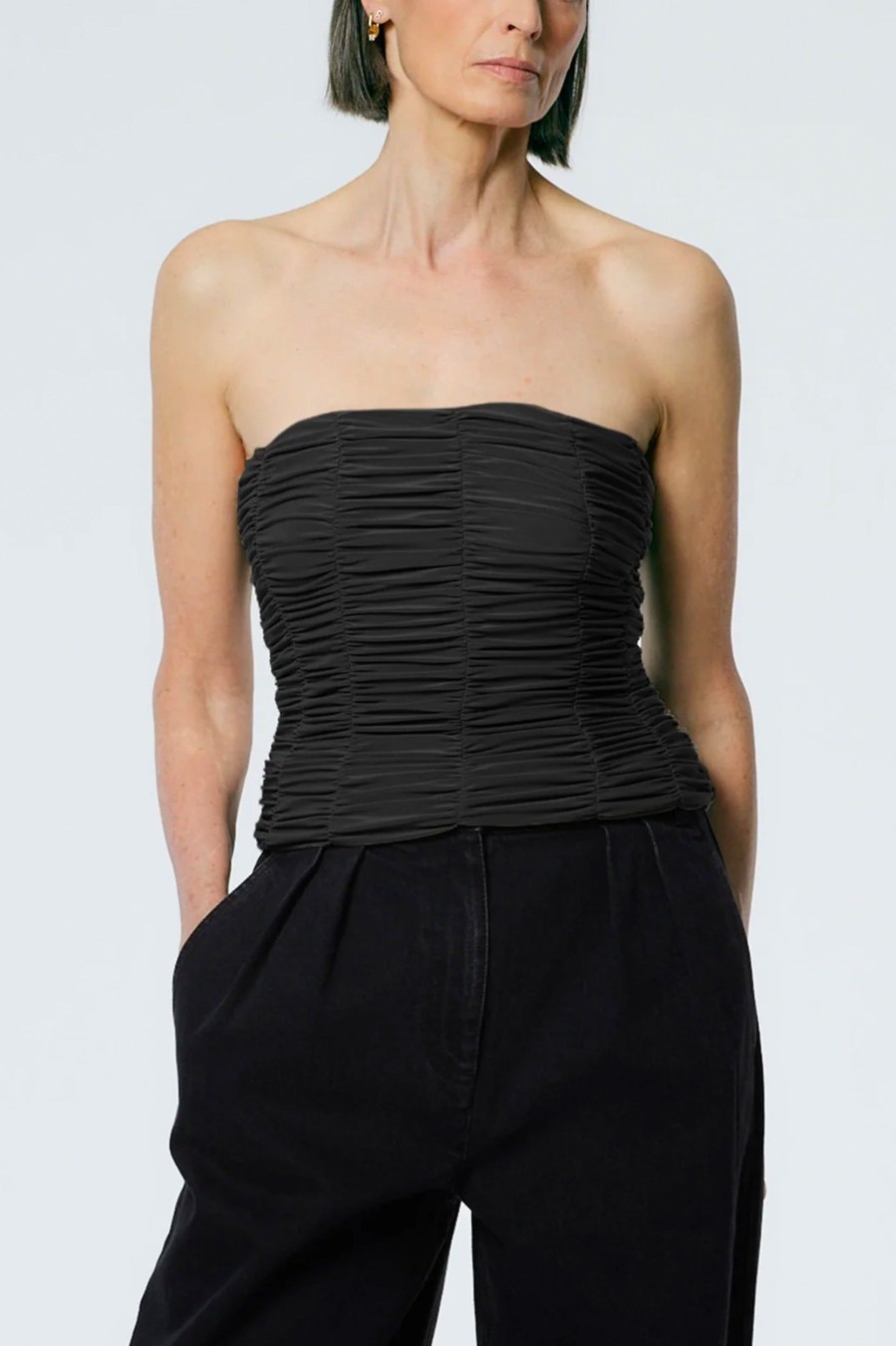 Tops And Shirts Tibi | Drapey Jersey Ruched Strapless Top In Black