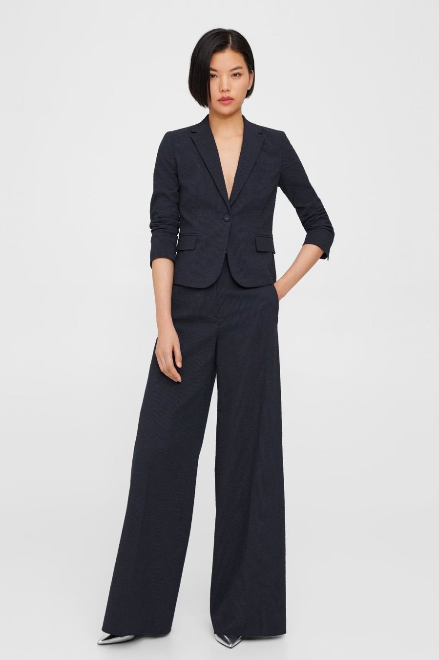 Trousers Theory | High Waist Seersucker Pant In Navy Blue