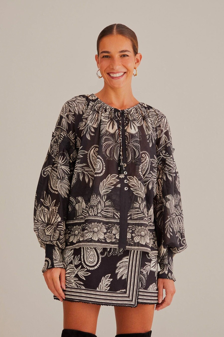 Tops And Shirts FARM Rio | Bloom Blouse In Black Paisley Multi